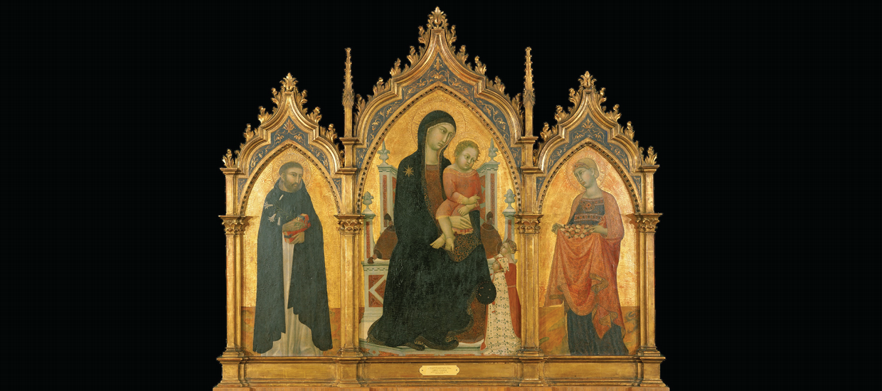 Ornate wooden altarpiece with three painted portraits inside separate pointed arches. Two smaller wings flank a larger central panel, topped with golden ornate carvings, separated by tiered spires. The panel on our left features a bearded man with light skin tone cradling a red box in his arms. On our right, a woman with ashen skin tone wears an orange dress gathered at the front to hold roses. Between them, in the central panel, an oversized woman with ashen skin tone sits on a throne with an infant with light skin tone in her lap – the Madonna and Child. Standing at their feet, two diminutive figures in crowns and floor length capes gaze up at them.