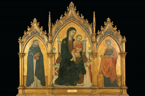 Ornate wooden altarpiece with three painted portraits inside separate pointed arches. Two smaller wings flank a larger central panel, topped with golden ornate carvings, separated by tiered spires. The panel on our left features a bearded man with light skin tone cradling a red box in his arms. On our right, a woman with ashen skin tone wears an orange dress gathered at the front to hold roses. Between them, in the central panel, an oversized woman with ashen skin tone sits on a throne with an infant with light skin tone in her lap – the Madonna and Child. Standing at their feet, two diminutive figures in crowns and floor length capes gaze up at them.