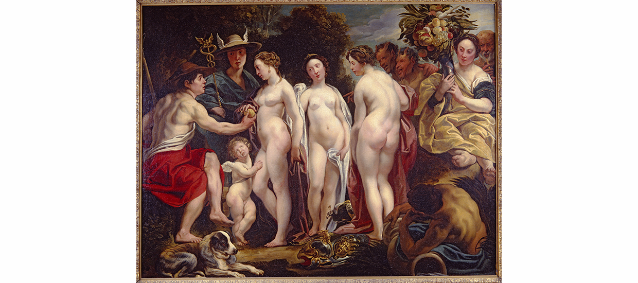 This horizontal canvas features a cast of subjects including three nude goddesses, one of whom accepts a golden apple from an awe-struck shepherd. The goddesses stand near the center of the canvas awash in brilliant light, the staring shepherd seated at our left. The gifting of the apple is watched by many in the painting including a nude, winged cherub standing beneath the apple, and a God who stands behind the cherub. Draped in blue fabric, the God wears a straw hat with small white wings. Looking on from our right of the goddesses are two horned and red-faced satyrs; a lounging woman holding a cornucopia bouquet overflowing with fruits and flowers; and a balding older man with a flute and gray beard.