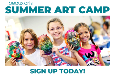 image of 3 white children, one boy on the left, girl in the middle, and another girl on the left. Childrn are all white with blonde hair. They are holding up masks that they have made as art projects. Image also says Beax Arts Summer Camp