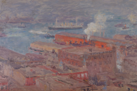 landscape oil painting of New York Harbor in 1907