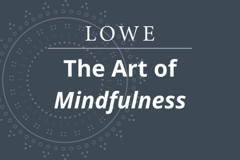 LOWE Art of Mindfulness in white text against deep grey-blue background with a faded mandala in the background