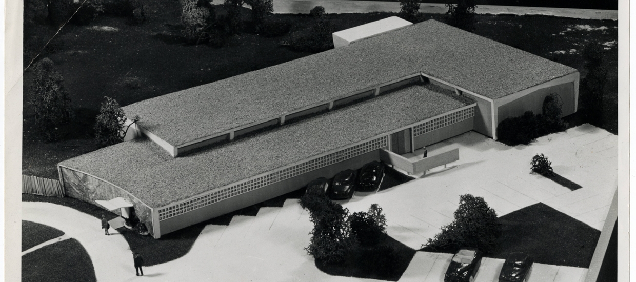 image of a model of the original Lowe Art Gallery, black and white photo