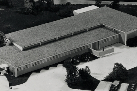 image of a model of the original Lowe Art Gallery, black and white photo