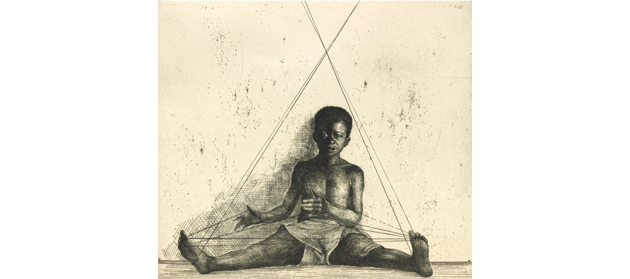 etching of small black child seated on a floor with legs extended in front of him and back against the wall. The child is playing cats cradle with string that is wrapped around his hands and feet