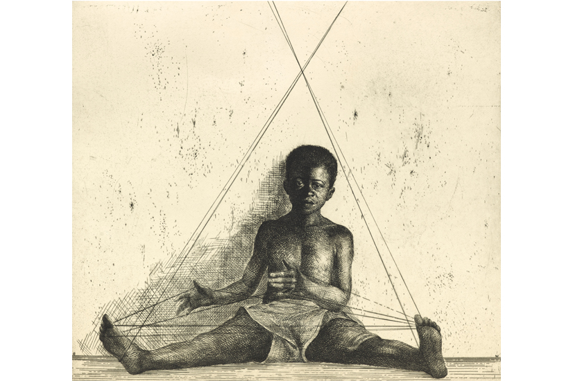 etching of small black child seated on a floor with legs extended in front of him and back against the wall. The child is playing cats cradle with string that is wrapped around his hands and feet