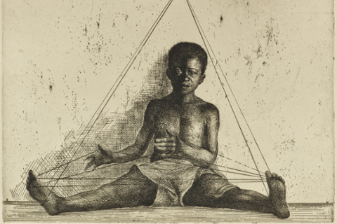This etching of a young boy seated on the floor playing cats cradle with string. boy is wearing shorts and has string wrapped around his feet and hands. 