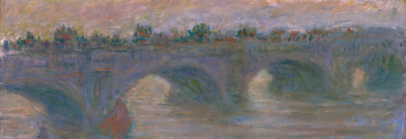 impressionist painting of waterloo bridge in pinks, yellows, browns and greens, image depicts a body of water with bridge in the background. Bridge is made of stone and composed of a series of arches