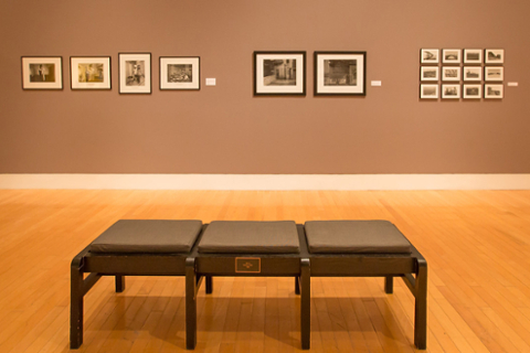 image of art gallery with photographs on wall and bench in center