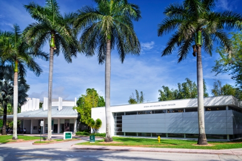 exterior photo of lowe art museum looking at palley pavillion and front entrance