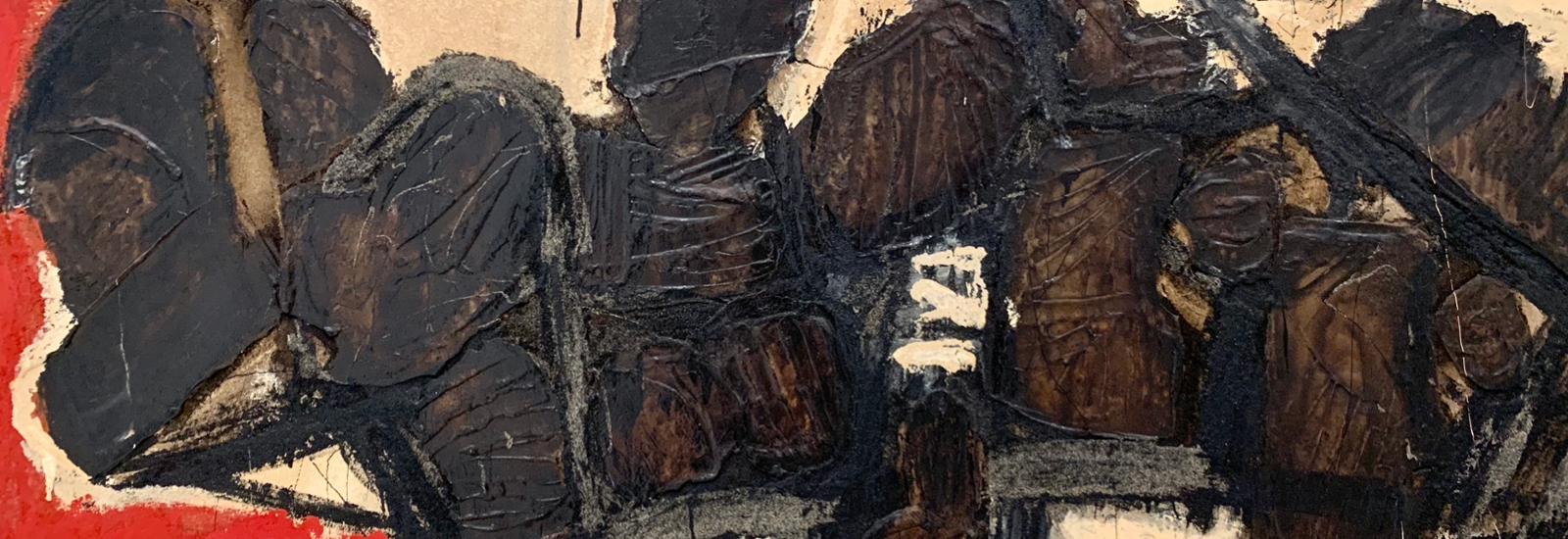 abstract painting in thick colors of black, brown, tan and red, impasto technique employed