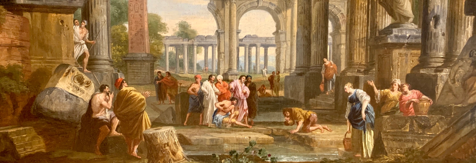 painting of classical ruins with christ healing the lame at the pool of bethesda