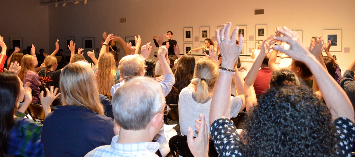 image of adults in the galleries all raising hands as they participate in a program