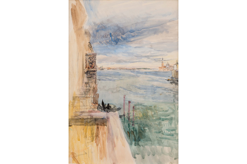 watercolor painting with stone balcony overlooking a body of water