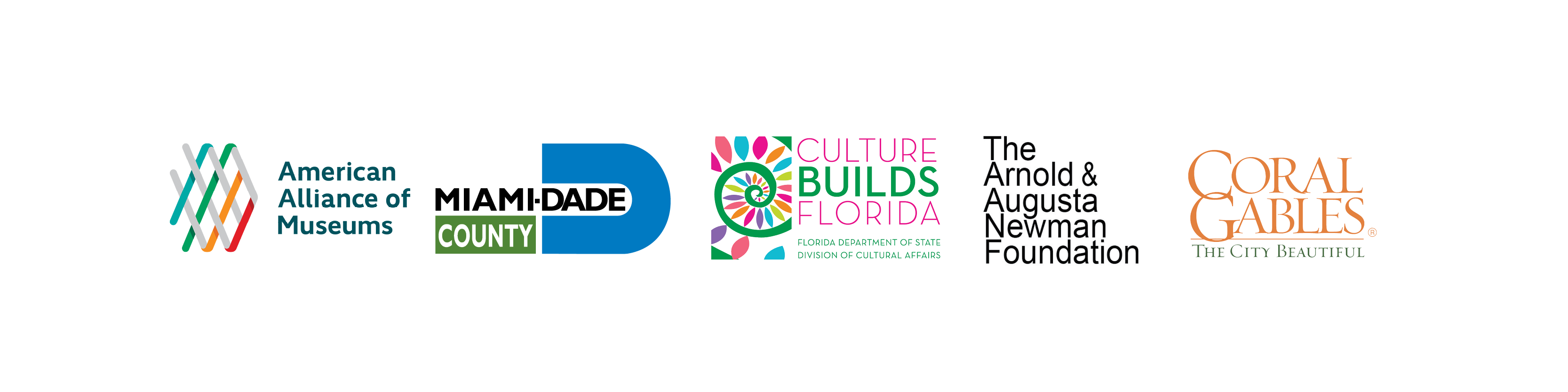 logos for American Alliance of Museums, Miami-Dade County, Florida Department of State Division of Cultural Affairs, Arnold & Augusta Newman Foundation, and the City of Coral Gables